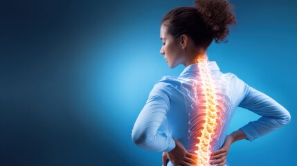 A woman stands with her back towards the viewer, showing a glowing spinal illustration. She appears to be focusing on her posture, emphasizing the importance of back health.