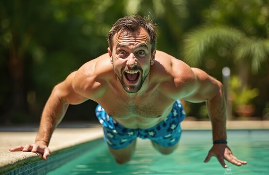 Man dives into pool with comical expression. Muscular guy in blue swim trunks makes splash during summer vacation fun. Enjoying holidays, jumping into water with excited face, open mouth. - Powered by Adobe