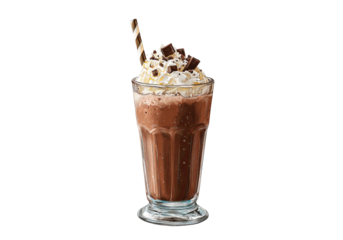 A chocolate milkshake with cream and chocolate pieces on top, a straw in a glass cup, isolated on a transparent background in PNG format.