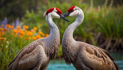 Fototapeta premium Two sandhill cranes face each other in a close-up view.