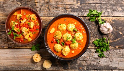 Two bowls of hearty tomato soup with meatballs