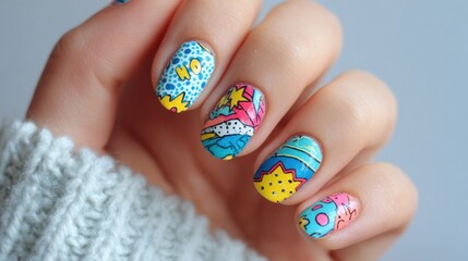 Bright and bold nail art features pop art patterns with comic-style designs. The nails are painted in vibrant colors, showcasing creativity and attention to detail.