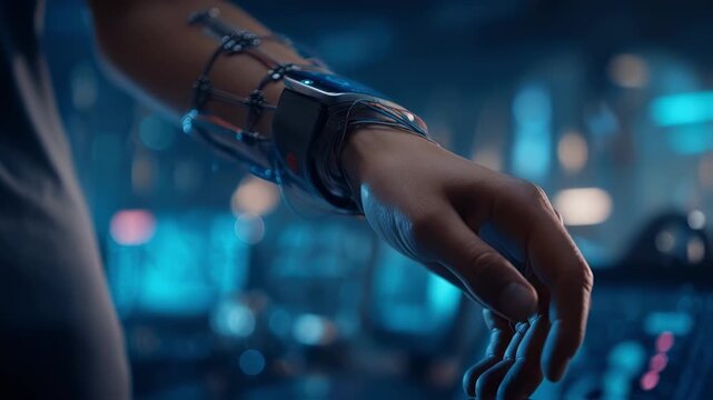 Sharp focus on experimental wearable embedded in a forearm with ambient expo lighting and blurred futuristic health devices creating a hightech atmosphere.
