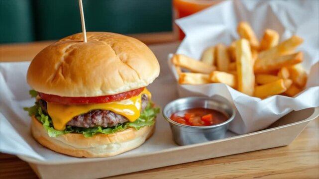 Paper tray with burger and fries served with sauce on wooden table  