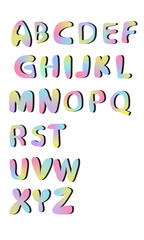 Holographic font set in metallic colors realistic 2d design, featuring uppercase letters, numbers, and special characters. Liquid metal chrome shaped alphabet. Vector illustration