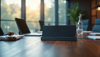 Pro conference room setting with gavel on documents, laptop, sign holder. Natural light streams through windows, illuminating modern, organized workspace ideal for legal business discussions on AI