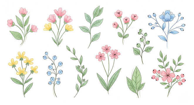 Flower crayon watercolor spring floral set. Hand drawn pastel crayon flower, leaf, plant with chalk texture. Cute nature background for kid, child, garden doodle element design. Vector illustration