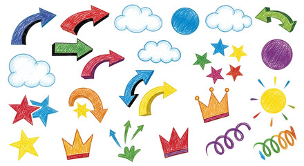 Crayon pencil color brush hand drawn chalk vector element set. Scribble pastel texture brush stroke kid square, spiral, arrow element hand drawn sketch design. Crayon pencil style. Vector illustration