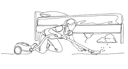 Fototapeta premium Woman vacuuming dust and dirt under the bed, continuous one line drawing. Housework, hygiene, clean living concept. Vector illustration for banner, poster