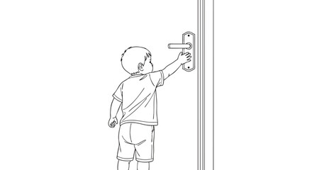 Small child from behind reaching trying to open a door handle. Curious kid exploring, trying to reach a goal concept. Flat outline vector illustration