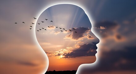 Double exposure of human head with sky and birds, symbol of imagination and free thinking.