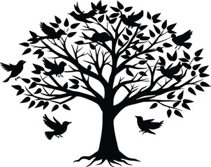 Obraz premium Tree with Nesting Birds Silhouette | Bird Nest Tree Outline Vector