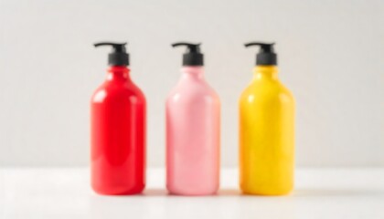Photo Realistic Front View of Three Bottles in Red, Pink, and Yellow on White Background