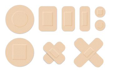 Medical plasters. Bandages set. Adhesive bandage for first aid for wounds operations and skin injuries. Protecting open wound from infection. Vector