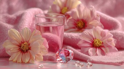 Pink flowers and a glass of liquid on a pink fabric.