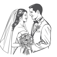 Elegant Wedding Illustration of a Bride and Groom Sharing a Loving Gaze While Holding a Bouquet of Flowers