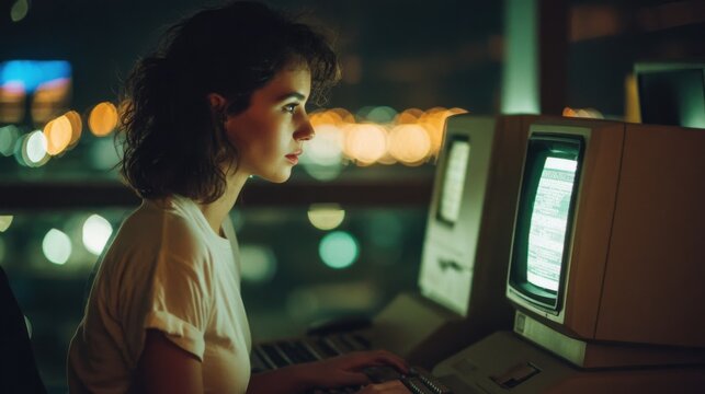 A young woman sits in front of an outdated computer in a dimly lit space. She appears concentrated as she types, with soft city lights illuminating the background.
