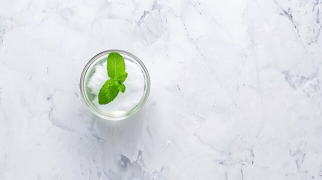 A single mint leaf floating in a glass of clear water, isolated on white background