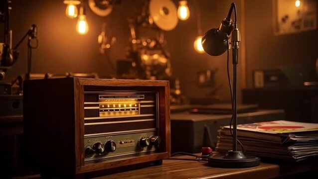 Vintage wooden radio playing nostalgic tunes against retro living room backdrop – National Radio Day celebration [with copy space]