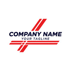Modern abstract logo design featuring bold red parallel lines forming a stylized cross or wing shape, with placeholder text for company name and tagline.