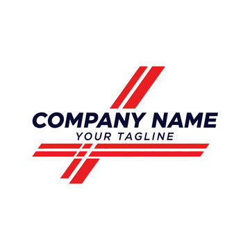 Modern abstract logo design featuring bold red parallel lines forming a stylized cross or wing shape, with placeholder text for company name and tagline.