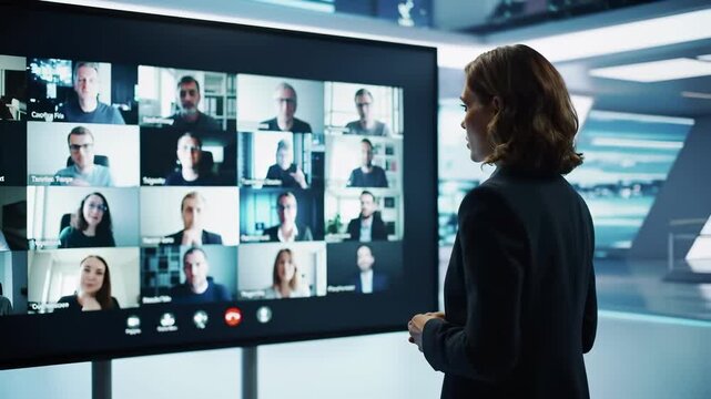 Professional woman leads virtual team meeting through large videoconference display in modern corporate office. Remote collaboration technology connects distributed workforce for business
