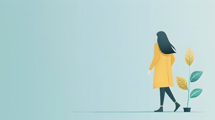 A woman in a yellow coat walking near a plant on a light blue background illustration design art