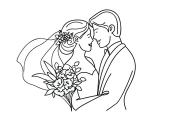Elegant Line Art Captures a Newly Married Couple Sharing a Kiss During Their Wedding Ceremony Beautiful Moment of Love