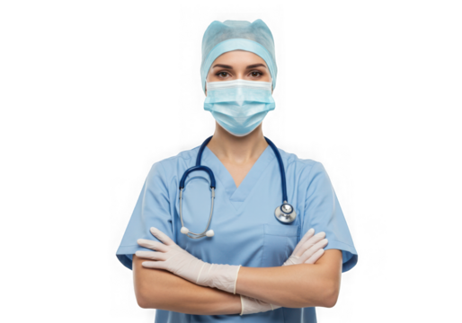 Female doctor in surgical mask and scrubs isolated on transparent background - Powered by Adobe