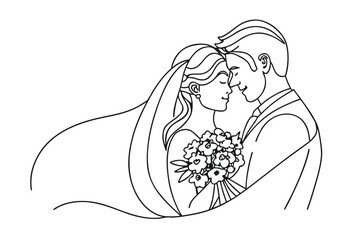 Elegant Line Art Captures a Newly Married Couple Sharing a Kiss During Their Wedding Ceremony Beautiful Moment of Love
