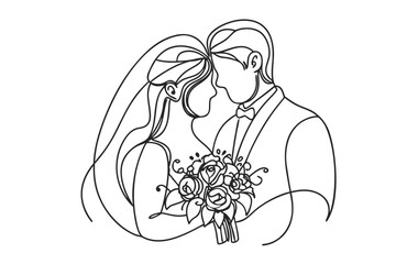 Elegant Line Art Captures a Newly Married Couple Sharing a Kiss During Their Wedding Ceremony Beautiful Moment of Love