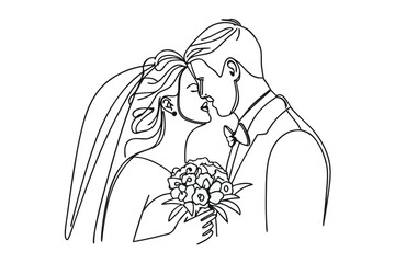 Elegant Line Art Captures a Newly Married Couple Sharing a Kiss During Their Wedding Ceremony Beautiful Moment of Love