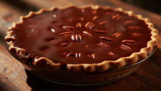 Decadent chocolate pecan pie with gooey filling and golden crust on dessert table - National Chocolate Pecan Pie Day celebration [with copy space]