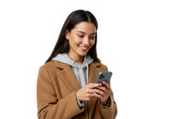 Smiling asian woman using smartphone isolated on transparent background
