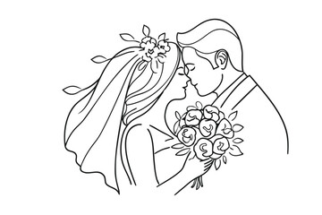 Elegant Line Art Captures a Newly Married Couple Sharing a Kiss During Their Wedding Ceremony Beautiful Moment of Love