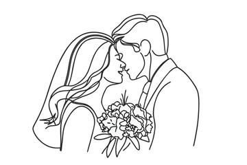 Elegant Line Art Captures a Newly Married Couple Sharing a Kiss During Their Wedding Ceremony Beautiful Moment of Love