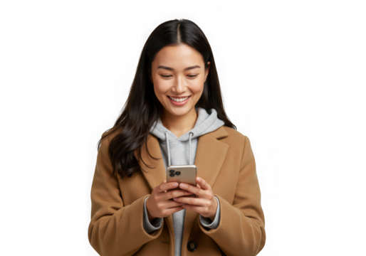 Attractive asian woman using her phone isolated on transparent background