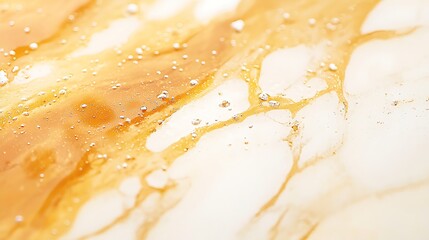 Abstract golden fluid with bubbles and streaks on a white background