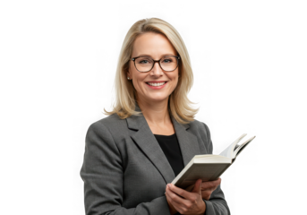 Smiling blond woman with glasses holding a book isolated on transparent background