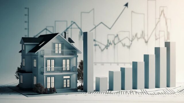 A miniature house sits beside a rising bar graph and financial charts, symbolizing real estate investment growth and market trends - Powered by Adobe