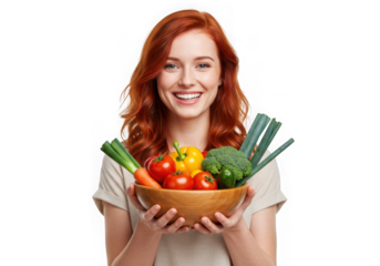 Smiling woman holding a bowl of fresh vegetables isolated on transparent background