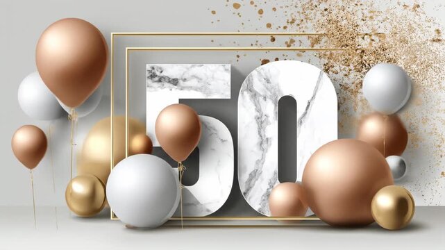 Golden confetti is falling on white and gold balloons and a large number fifty with a marble texture, inside a golden frame, celebrating a fiftieth anniversary on a gray background