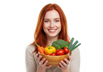 Smiling woman holding a wooden bowl full of fresh vegetables isolated on transparent background