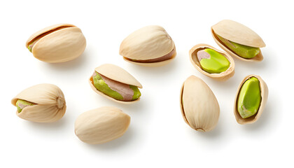 Various pistachio arrangements on a plain white backdrop