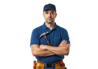Confident handyman with hammer isolated on transparent background