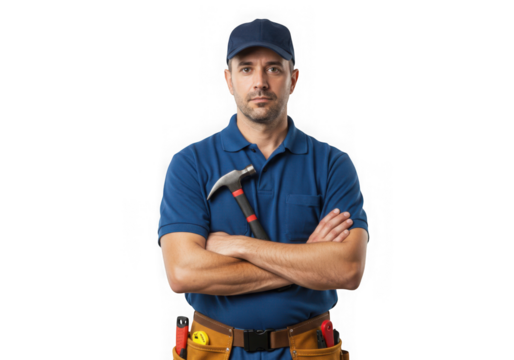 Confident handyman with hammer isolated on transparent background