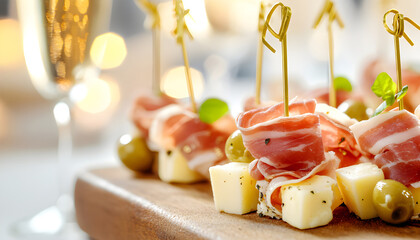 Buffet at the reception. Glasses of wine and champagne. Assortment of canapes on wooden board. Banquet service