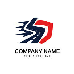 Abstract logo design featuring a road and shield, suitable for a transportation company.