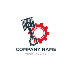 A modern logo design featuring a gray piston and a red gear, symbolizing automotive repair or engineering.