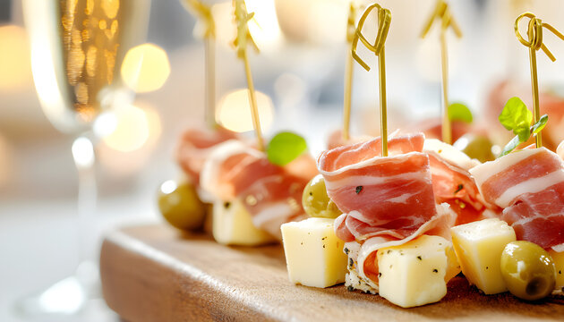 Buffet at the reception. Glasses of wine and champagne. Assortment of canapes on wooden board. Banquet service